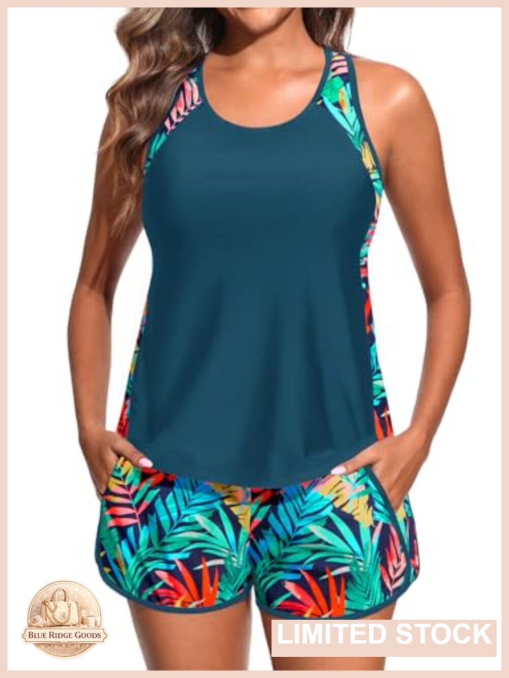 Sporty Tankini with Shorts Two Piece Swimsuit with Pockets